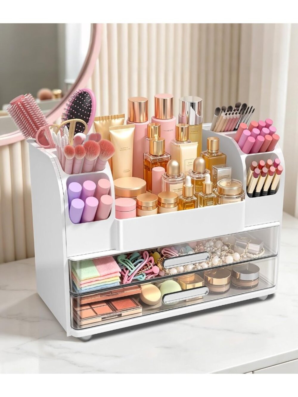 Large Makeup Organizer with 2 Clear Drawers & 6 Brush Holders - Vanity Storage